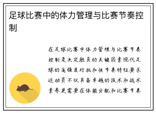 足球比赛中的体力管理与比赛节奏控制